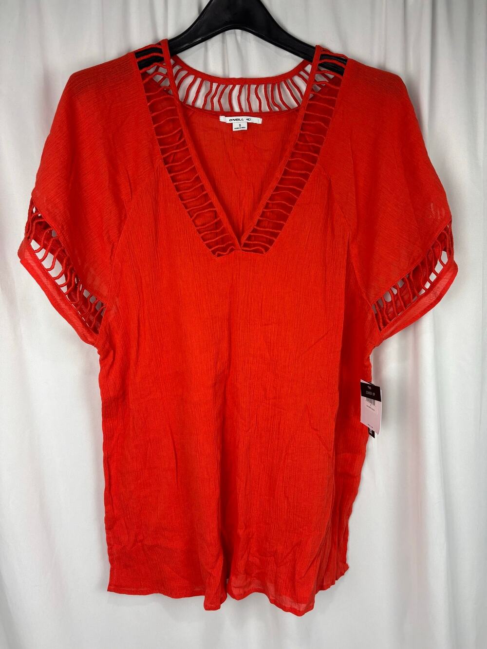 NWT O'Neill Wallows Cotton Gauze Swim Cover Up Coral Red Boho Crochet V-Neck S